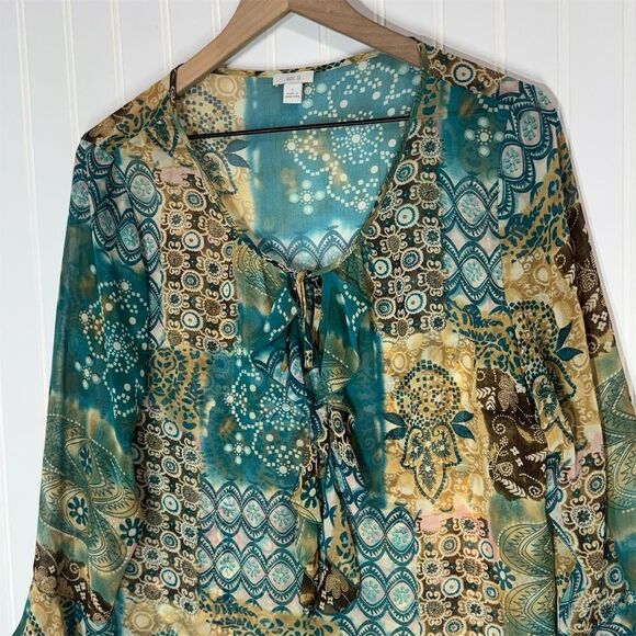 Apt. 9 Boho Patchwork Sheer Blouse L Made in Hong Kong Tie Neck Ruffle Cuff Top - Picture 6 of 10